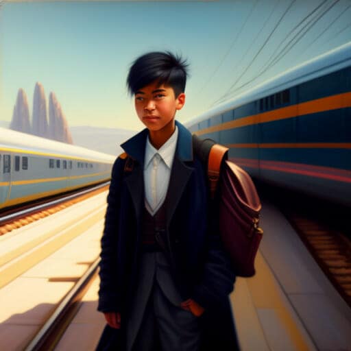 An young, androgynous person has just stepped off a train. He's got a bindle over his shoulder and crooked smile on his face. He's ready for an artistic adventure. Expressive oil painting, digital art., Full Shot