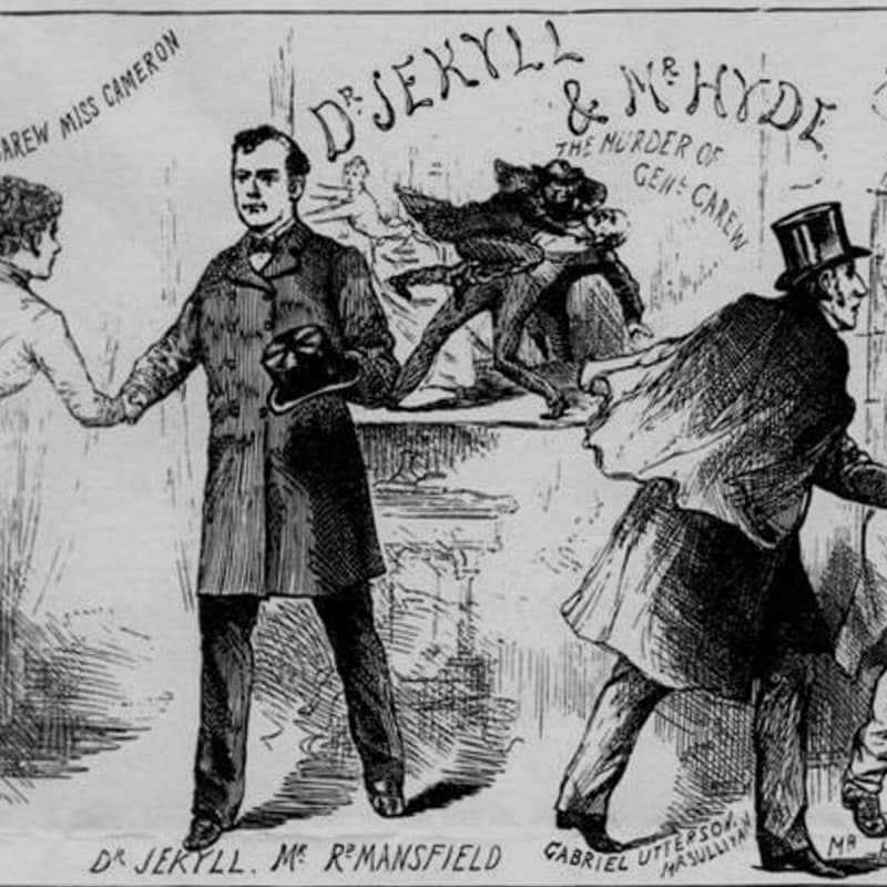 A Jekyll and Hyde sketch (from the 1887 play) from Penny Illustrated, showing two scenes from the play, and a devil sitting on a pedestal between them.