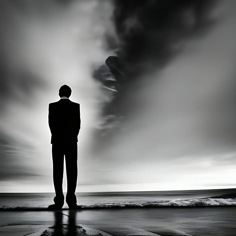 A penitent man stands facing away from us, looking out onto the sea.