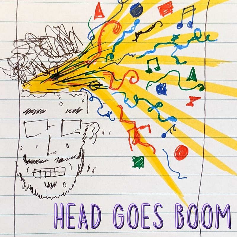 Drawing of Andrew's head cracking open and shapes, etc. pouring out. Meanwhile, he grimaces and sweats in discomfort.